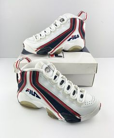 A pair of rare original 1996 New/Old stock Fila “Stack 2” Jerry Stackhouse original sneakers. In a size 5.5. These where pulled out of a basement find along with many other original sneakers. These are brand new, never worn. A rare sneaker to find deadstock. Please message with any questions and thanks for looking. *I recently acquired a large collection of vintage sneakers and will be listing them within the coming weeks, so please check back. ***PAYMENT IS REQUIRED WITHIN 24 HOURS OF PURCHASE* Fila Racer For All, Fila Stackhouse Spaghetti, Vintage Basketball Shoes With Rubber Sole For Streetwear, Vintage White Basketball Shoes, Vintage Low-top Basketball Shoes, Vintage White High-top Basketball Shoes, Vintage High-top Basketball Shoes With Rubber Sole, 90s White Sports Sneakers, Vintage Lace-up Basketball Shoes With Gum Sole