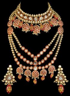 Devika I - Modern Indian Kundan Bridal Jewelry Set w/ Red Meenakari & Ruby Elegant Red Sets For Ceremonial Occasions, Elegant Meenakari Sets For Ceremonial Occasions, Red Necklaces With Motifs For Gifts, Elegant Red Bridal Necklace For Ceremonial Occasions, Traditional Red Formal Sets, Kundan Jewelry Sets With Cutdana, Red Kundan Sets With Motifs, Designer Kundan Necklaces For Festivals, Red Meenakari Temple Jewelry Traditional Wear