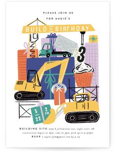 a birthday card with an image of construction vehicles and trucks on it, including the number three