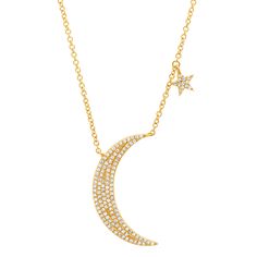 Diamond Crescent Moon with Star Dangle Necklace Dangle Necklace, Dangle Necklaces, Diamond Shop, Black Rhodium, Anniversary Bands, Rose Gold Necklace, Star Necklace, Yellow Rose, Crescent Moon