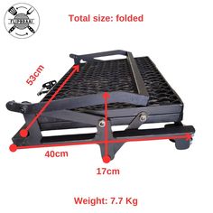 an image of the width and weight of a folding dolly truck bed with four wheels