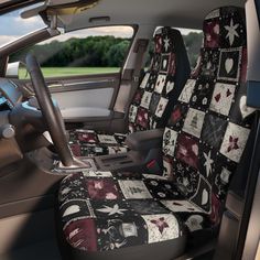 the interior of a car is decorated with quilts