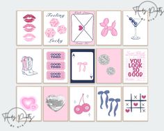 a collage of cards with different designs and words on them, all in pink