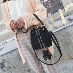 Mini Crossbody Handbags Cute Suede Bucket Bag Organizer Small Tassel on Luulla Portable Black Bucket Shoulder Bag, Portable Black Shoulder Bucket Bag, Trendy Rectangular Bag With Tassels, Trendy Shoulder Bag With Tassels, Trendy Travel Bags With Tassels, Trendy Tassel Satchel Shoulder Bag, Trendy Tassel Travel Bags, Black Tassel Crossbody Bag, Casual Bucket Shoulder Bag With Tassels