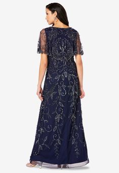 Glam Maxi Dress | Roaman's Mom Dress For Wedding, Plus Size Mom, Mothers Gowns, Plus Size Fashions, Bag And Shoes, Navy Gown, Grey Gown, Plus Size Formal, Short Sleeve Maxi Dresses