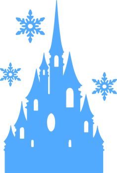 a blue castle with snowflakes flying around it