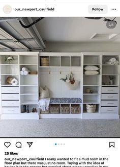 a room with white shelves and baskets on the floor