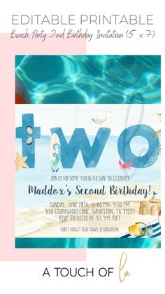 two birthday party flyer with the words two on it and an image of a beach scene