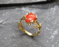 Red Coral Ring, Natural Red Coral, Gold Coral Ring, Leaf Ring, Bohemian Ring, Vintage Ring, Red Boho Ring, Real Coral, Gold Plated Ring Leaf Ring Design, Red Coral Ring, Bohemian Ring, Coral Ring, Red Boho, Real Jewelry, Coral And Gold, Coral Stone, Natural Coral