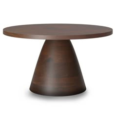 a round wooden table with an iron base and dark wood grain finish on the top