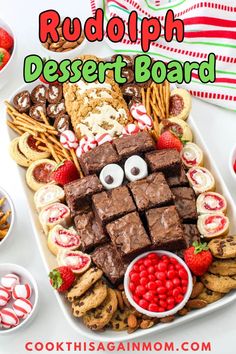 Rudolph the Red-Nosed Reindeer Dessert Tray: A sweet way to celebrate the season! This adorable treat platter will light up your holiday festivities. Treat Platter, Lemon Sour Cream Pie, Snack Boards, Holiday Snack, Homemade Hot Cocoa, Party Tray, Holiday Desserts Table, Cookie Decorating Party, Snack Platter