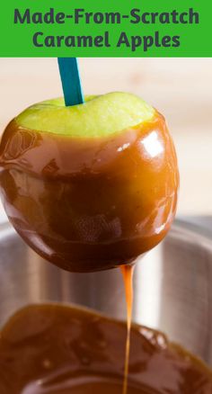 caramel apples dipped in caramel sauce with text overlay