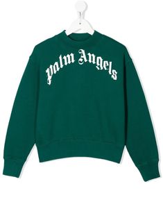 logo-print cotton sweatshirt from PALM ANGELS KIDS featuring forest green, white, cotton, logo print to the front, crew neck, long sleeves, elasticated cuffs and elasticated hem. | Palm Angels Kids Logo-Print Cotton Sweatshirt Logo Crew Neck Winter Sweatshirt, Winter Logo Crew Neck Sweatshirt, Fall Hoodie With Logo And Relaxed Fit, Winter Logo Long Sleeve Sweatshirt, Relaxed Fit Logo Hoodie For Fall, Fall Hoodie With Logo In Relaxed Fit, Fall Relaxed Fit Hoodie With Logo, Logo Detail Long Sleeve Hoodie For Fall, Trendy Long Sleeve Logo Sweatshirt