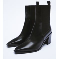 Zara Black Ankle Booties Elegant Chelsea Boots With Stacked High Heel, Elegant High Heel Chelsea Boots With Stacked Heel, Elegant Ankle-high Chelsea Boots With Stacked Heel, High Heel Chelsea Boots For Spring Workwear, Elegant High Heel Chelsea Boots Medium Width, Elegant High Heel Chelsea Boots, Black Chelsea Boots With Pointed Leather Sole, Black Pointed Toe Chelsea Boots With Leather Sole, Chic Pointed Toe Chelsea Boots With Reinforced Heel