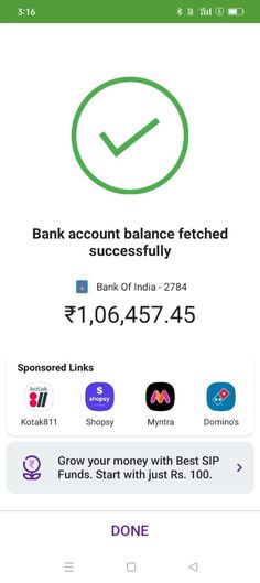 bank account balance fetched successfully on the app