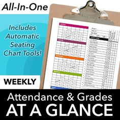 a clipboard with an image of attendance and grade at a glance on the front