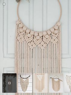 there is a wall hanging made with macrame beads and other things on it