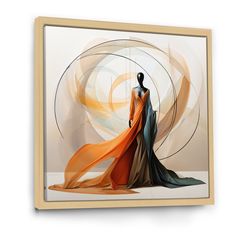 an abstract painting of a mannequin dressed in orange and black with flowing fabric