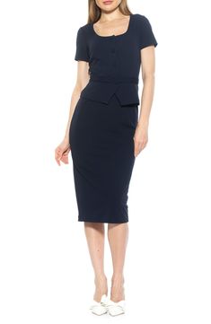 Exude polished style in a short-sleeve sheath dress fashioned with covered front buttons, a belted waist and an elegant peplum. 47 1/2" length (size X-Small) Exposed back-zip closure Scoop neck Short sleeves Partially lined 95% polyester, 5% spandex Machine wash, tumble dry Imported Classic Fitted Belted Dress For Semi-formal Occasions, Classic Fitted Belted Semi-formal Dress, Fitted Belted Dress With Button Closure For Work, Fitted Classic Belted Dress For Office, Classic Fitted Belted Dress For Formal Occasions, Classic Fitted Belted Dress For Office, Fitted Dresses With Button Closure For Work, Classic Formal Belted Fitted Dress, Classic Knee-length Belted Dress For Semi-formal Occasions