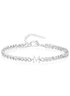 a silver bracelet with the letter m on it's center and an initial in the middle