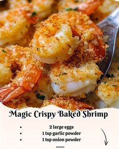 the recipe for magic crispy baked shrimp is shown on a plate with a spoon