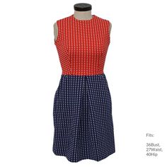 "70s \"By George\" Womens red, white and blue polyester sleeveless mid length knit dress. Polka dot textured print on a blue skirt and red bodice, fitted waist, an inverted front pleat on the skirt, bust darts, a round neck and back zip closure. Fits: 36Bust, 27Waist, 40Hip Our item # 261588" Mod Sleeveless Workwear Dresses, Fitted Sleeveless Mod Dress, Red Fitted Sleeveless Cotton Dress, Fitted Red Sleeveless Cotton Dress, Fitted Retro Sleeveless Knee-length Dress, Mod Sleeveless Lined Dress, Fitted Mod Dresses For Daywear, Fitted Knee-length Sleeveless Dress For Daywear, Mod Style Fitted Dresses For Daywear