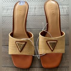 Open Square Toe/Slip On. New! Chic Brown Sandals For Beach Season, Trendy Brown Mules For Summer, Casual Beige Heels For Beach Season, Brown High Heel Mules For Vacation, Brown High Heel Mules For Summer, Brown Open Heel Mules For Beach, Brown Open Heel Mules For The Beach, Beige High Heel Mules For Beach, Summer Brown Heels For Beach Season