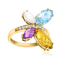 Ross-Simons - Moonstone, 4.20ct t. w. Multi-Gemstone Butterfly Ring, .12ct t. w. Diamonds. Size 9. As magnificent as the creature it's inspired by, this vibrant butterfly ring features captivating wings comprised of marquise 2.20 carat sky blue topaz, 1.50 carat citrine, .50 carat amethyst and 8x4mm moonstone. Finely crafted in polished 14kt yellow gold with .12 ct. t. w. round brilliant-cut diamonds twinkling along the center. 3/4" wide. Diamond, moonstone and multi-gemstone butterfly ring. Cit Elegant Multicolor Diamond Birthstone Ring, Yellow Gold Cluster Rings With Gemstone Accents, Elegant Multicolor Birthstone Ring With Center Stone, Diamond Cluster Ring With Gemstone Accents In Yellow Gold, Yellow Gold Diamond Cluster Ring With Gemstone Accents, Elegant Multicolor Diamond Ring With Diamond Accents, Fine Jewelry Multi-stone Topaz And Diamond Ring, Fine Jewelry Diamond Multi-stone Topaz Ring, Vibrant Butterfly