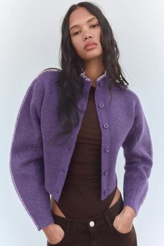 HIGH COLLAR KNIT CARDIGAN - Dark purple | ZARA United States Deep Winter Street Style, Dark Purple Cardigan Outfit, Dark Purple Sweater Outfit, Purple And Brown Outfit, Dark Purple Clothes, Lavender Jacket, Purple Clothes, Zara Cardigan, Purple Knit