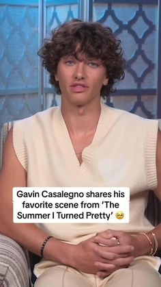 a man sitting in a chair with his hand on his chest and the caption says,'gavin causacino shares his favorite scene from i'the summer i turned pretty