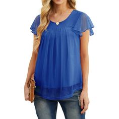 JWD Women's Slim Short Sleeve Shirt Blouse Double Layers Mesh Pleated Shirts Summer Trendy Casual Tops Color: Blue.  Gender: female.  Age Group: adult. Chiffon Tank Tops, Summer Fashion Casual, Pleated Shirt, Layered Blouse, Shirts Summer, Womens Tops Summer, Summer Style Casual, Casual Sets, Casual Blouse