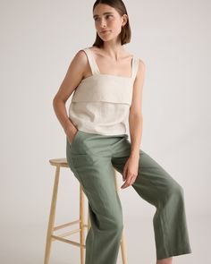 You're never going to look more chill than you will wearing these. They have a relaxed fit, three pockets, and elastic waist. Available in a wide variety of colors to suit your vibe. Our linen is made from 100% European flax, which is more sustainable and less resource-intensive to grow. Linen is the ultimate year-round fabric because it's breathable and naturally heat-regulating. Also offered in sizes 1X-3X.  | Quince | Women's 100% European Linen Pants in Light Cargo, Size Medium Quince Linen, Linen Tank Top, Natural Textiles, Linen Tank, Linen Short, European Linens, Linen Pants Women, Fabric Structure, Organic Linens