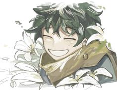 an anime character with green hair and white flowers on his chest, smiling at the camera