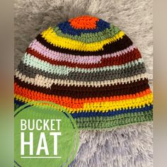 Colorful Bucket Hat Crafted From Soft Acrylic Yarn Hats Are Made To Order. After Purchae We Will Begin Hand Crocheting Your Hat, Production Is Usually 2days. And Then It Will Be Shipped Out Immediately. Very Soft And Bendable Rim Can Be Worn Up Or Down. Each Hat Will Include Various Colors But May Not Be The Exact Color Or Sequence Pictured But Will Consist Of At Least 10 Colors. Multicolor Yarn Hat, Fun Multicolor Hand-knitted Crochet Hat, Multicolor One-size Crochet Hat, Multicolor Crochet Hat For Outdoor, Knitted, Hand Crocheting, Arizona Hat, Timberland Beanie, Baseball Fitted Hats, Adjustable Multicolor Hand-knitted Bucket Hat