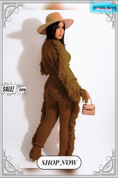 Two Piece Knitted Long Sleeve Tassel Outfits One Size Fringe Sweater For Fall, Casual Fall Sweater With Tassels, Winter Knit Sweater With Tassels, Casual Knit Outerwear With Fringe, Casual Winter Sweater With Tassels, Casual Knit Sweater With Tassels, Tassel Outfit, Knitted Long Sleeve, Tassels