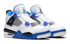 The Air Jordan 4 Retro GS 'Motorsports' is a special edition sneaker that was created to celebrate the 4th anniversary of Michael Jordan's Jordan Motorsports team. The team's colors of white, black, and Game Royal are prominently featured on the shoe, which was originally released in 2006 as a friends and family colorway. The 2017 version of the shoe does not include the Mars Blackmon accent on the heel, but is otherwise faithful to the original design. The Air Jordan 4 Retro BG 'Motorsports Alt Black Cat 4s, Red Thunder, Basketball Shoes For Men, Nike Air Jordan 4, Retro Basketball Shoes, Jordan Shoes Retro, Awesome Shoes, Retro 4, Popular Sneakers