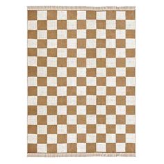 a brown and white checkered rug with fringes