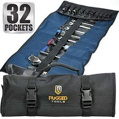 the large tool bag is filled with tools and has 32 pockets to hold it in