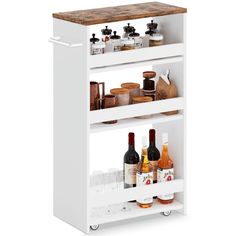 a white shelf with wine bottles and spices on it's sides, next to a wooden cutting board