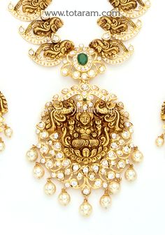 22 Karat Gold " Lakshmi - Peacock" Long Necklace & Drop Earrings Set with Cz , Color Stones & Japanese Culture Pearls (Temple Jewellery) - 235-GS3626 - in 144.000 Grams for USD $11004.13. 
Made in India by Totaram Jewelers Online this product is in Gold - 22 Karat BIS Hallmark 916 KDM Gold  & is an excellent gift for Adult - Women. Ships fully insured with secured guaranteed delivery for free with your order over $250 from New Jersey USA & comes with 30 days exchange policy. Luxury Gold-plated Temple Jewelry Necklaces, Luxury Chandbali Temple Necklace For Festivals, Luxury Chandbali Temple Necklace, Cheap Gold Temple Jewelry Danglers, Luxury Temple Jewelry Danglers As Gift, Luxury Temple Jewelry With Multi-stone, Luxury Yellow Gold Temple Necklace With Gemstones, Luxury Gold Dual-tone Temple Necklace, Luxury Hand Set Ornate Temple Necklace