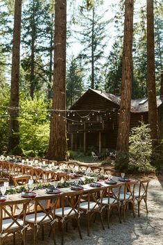 a long table is set up in the woods for an outdoor wedding reception with string lights strung from the trees