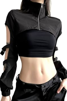 Introducing the High Neck Extreme Crop Top Techwear Jacket for Women! Elevate your style with this cutting-edge piece that seamlessly fuses fashion and function. Crafted with a blend of high-quality cotton and polyester materials, this black jacket is a must-have for techwear enthusiasts and those who embrace the urbancore aesthetic. Free shipping in the US and worldwide. S - Chest: 91 cm (35.83 inches); Length: 26 cm (10.24 inches); M - Chest: 95 cm (37.40 inches); Length: 27 cm (10.63 inches); L - Chest: 99 cm (38.98 inches); Length: 28 cm (11.02 inches); Unmatched Style: Embrace the future of fashion with this extreme crop top jacket that's perfect for techwear, modern streetwear, and TikTok-inspired clothing trends. Exceptional Comfort: Made from high-quality cotton and polyester, this Types Of Turtlenecks, Cyberpunk Outfit Women, Cyberpunk Fashion Women, Turtleneck Streetwear, Arcane Oc, Streetwear Fashion Black, Turtleneck Pattern, Techwear Jacket, Tech Clothing