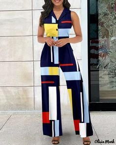 Color: dark blue, Size: L(10-12) Dresses With High Neck, High Waist Jumpsuit, Chique Outfit, Look Casual Chic, Jumpsuit Elegant, Dress Sleeve Styles, Ladies Dresses, Printed Long Dresses, Red Dark