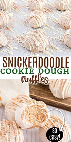 a close up of some cookies with icing on them and the words, snickkerdoodle cookie dough crumbles