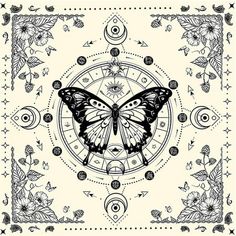 a black and white drawing of a butterfly on a circle with flowers in the background