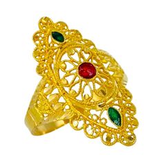 Vintage 22k Gold Wedding Traditional Ring. The ring features enamel colors red and green. Very well designed ring beautiful attention to details. The ring weights 3.1g and is a size 8.75