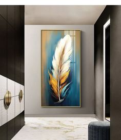 a painting hanging on the wall next to a white and yellow feather in a hallway