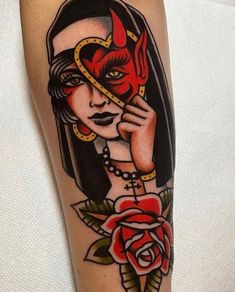 Traditional Thigh Tattoo, Tattoos Thigh, Traditional Tattoo Woman, Traditional Tattoo Drawings, Devil Tattoo