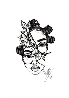 a black and white drawing of a woman's face with flowers in her hair