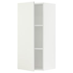 a white cabinet with two doors and shelves